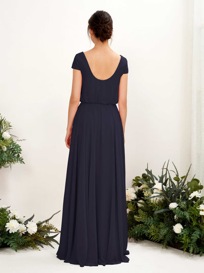 Carlyna Pauline A-Line Dark Navy Bridesmaid Dress Maxi Cap Sleeve V-Neck Dress Back View #color_dark-navy