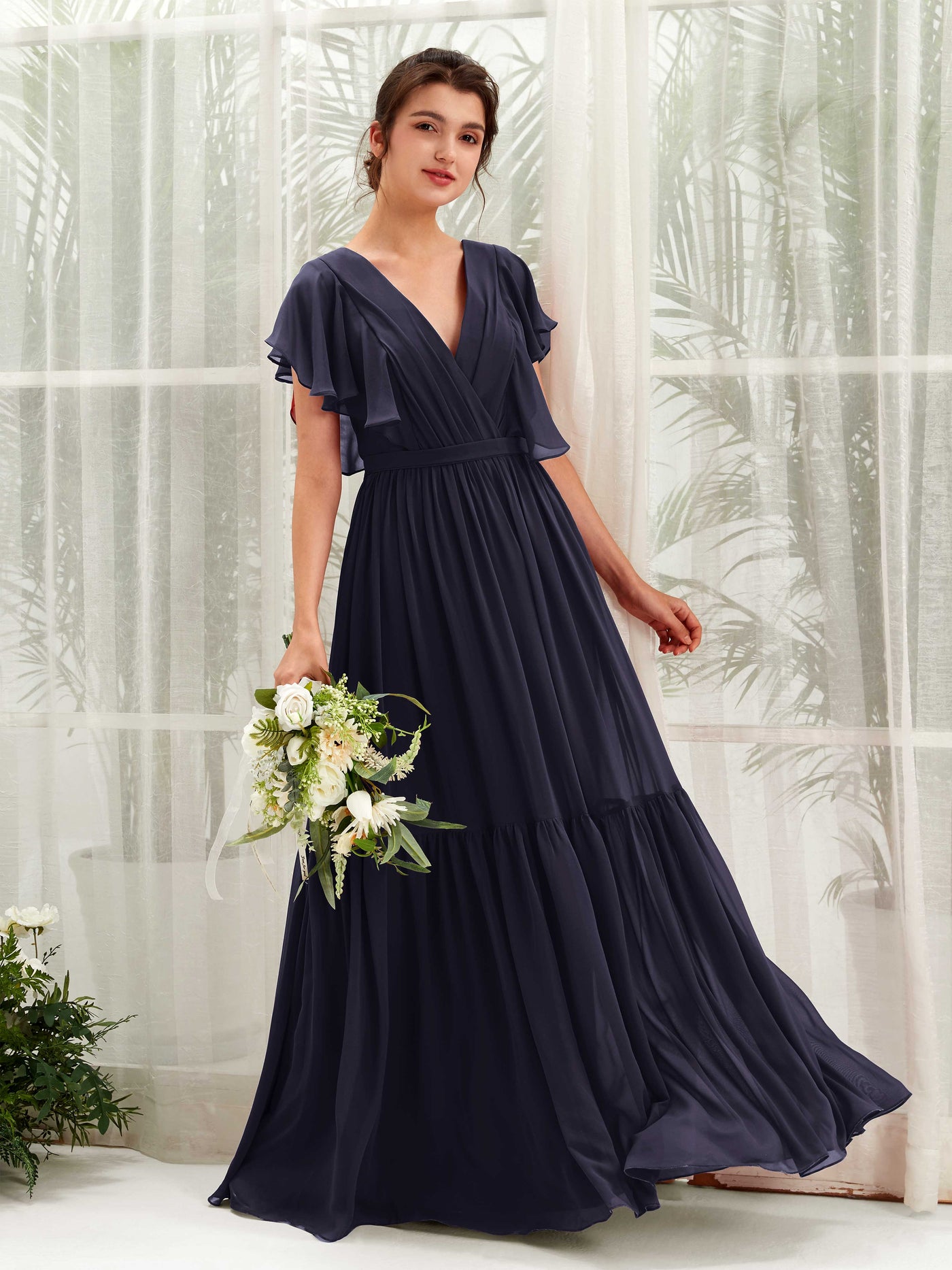 Dark Navy Bridesmaid Dresses Bridesmaid Dress A-line Chiffon V-neck Full Length Short Sleeves Wedding Party Dress (81225918)#color_dark-navy