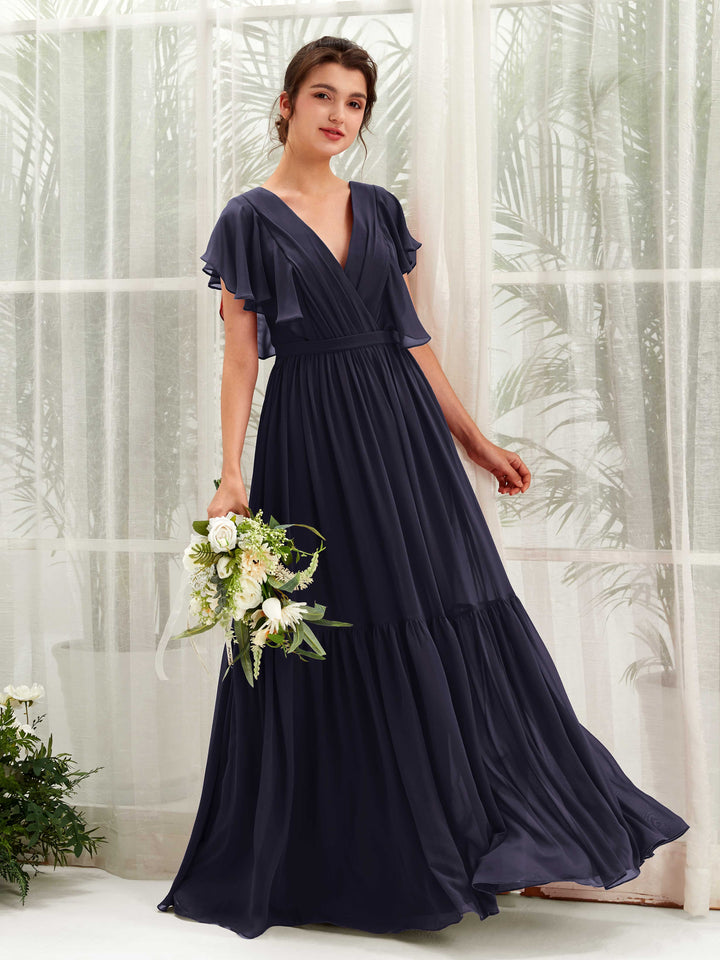 Dark Navy Bridesmaid Dresses Bridesmaid Dress A-line Chiffon V-neck Full Length Short Sleeves Wedding Party Dress (81225918)