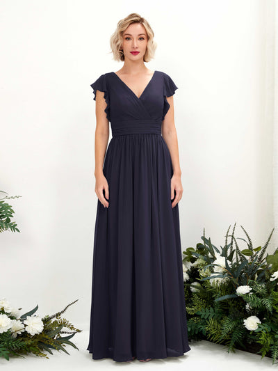 Carlyna Grino A-Line Dark Navy Bridesmaid Dress Maxi Cap Sleeve V-Neck Dress Front View #color_dark-navy