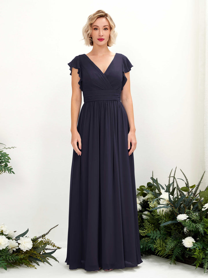 Dark Navy Bridesmaid Dresses Bridesmaid Dress A-line Chiffon V-neck Full Length Short Sleeves Wedding Party Dress (81222718)