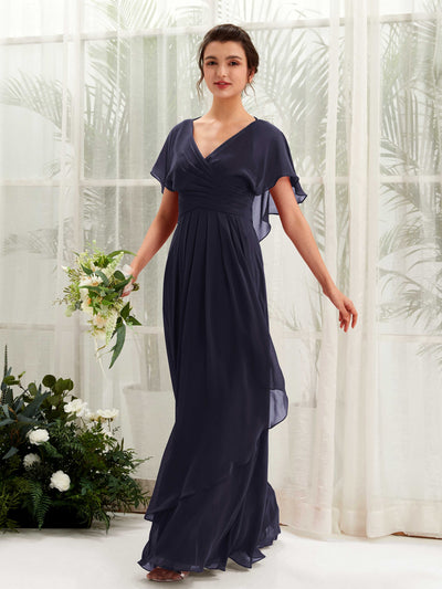 Carlyna Darlene A-Line Dark Navy Bridesmaid Dress Maxi Short Sleeve V-Neck Dress Front View #color_dark-navy