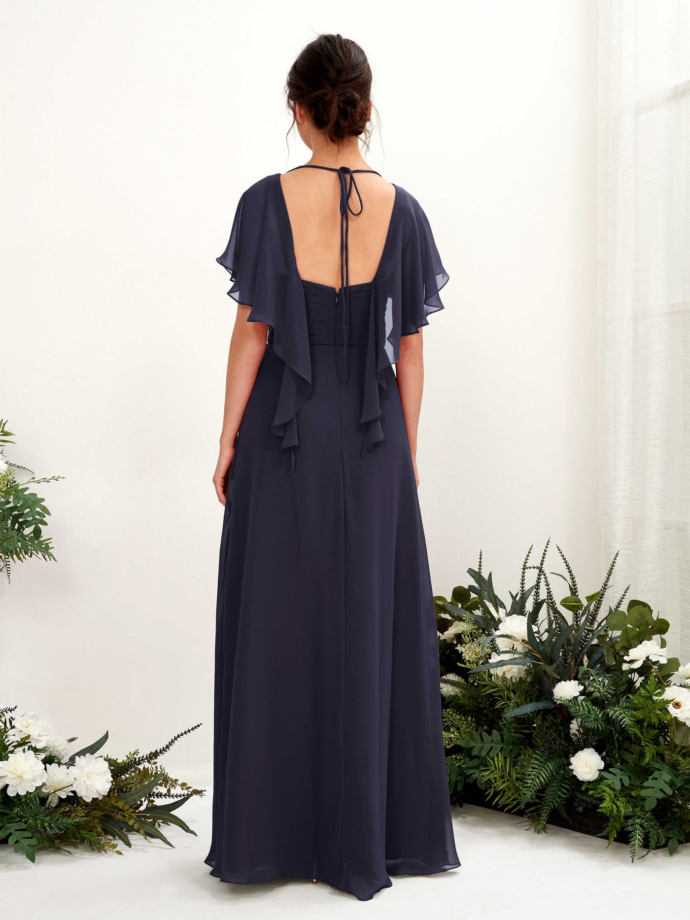 Open back V-neck Short Sleeves Chiffon Bridesmaid Dress - Dark Navy (81226118)#color_dark-navy