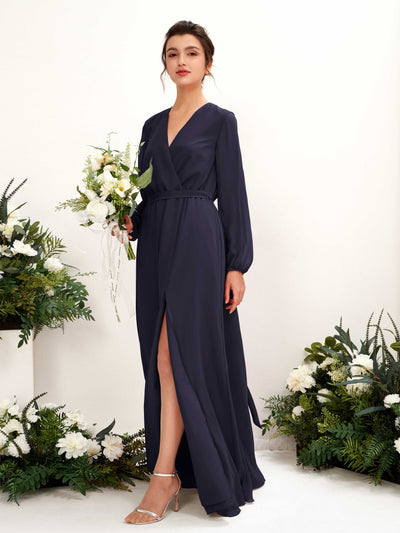 Carlyna Elsie A-Line Dark Navy Bridesmaid Dress Maxi Long Sleeve V-Neck Front View #color_dark-navy
