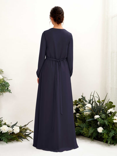 Carlyna Elsie A-Line Dark Navy Bridesmaid Dress Maxi Long Sleeve V-Neck Back View #color_dark-navy