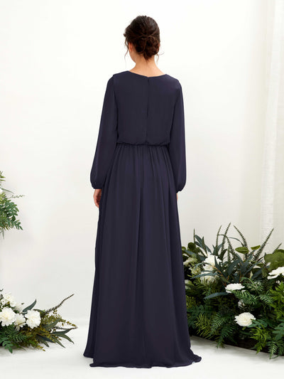 Carlyna Ginny A-Line Dark Navy Bridesmaid Dress Maxi Long Sleeve V-Neck Back View #color_dark-navy