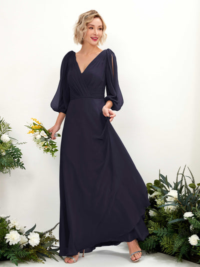 Carlyna Antonia A-Line Dark Navy Bridesmaid Dress Maxi Three Quarter Sleeve V-Neck Dress Front View #color_dark-navy