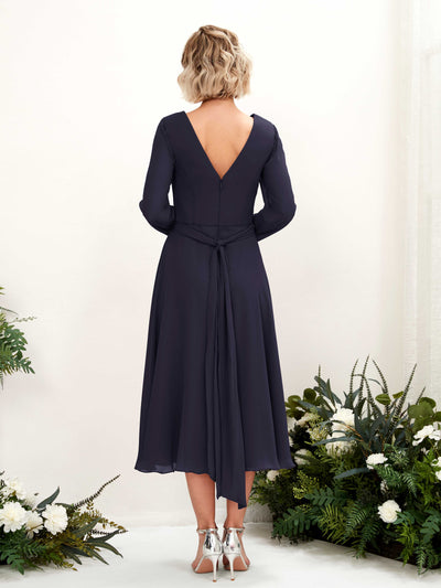 Carlyna Joanna A-Line Dark Navy Bridesmaid Dress Midi Long Sleeve V-Neck Back View #color_dark-navy