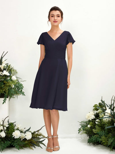 Carlyna Betty A-Line Dark Navy Bridesmaid Dress Knee-Length Short Sleeve V-Neck Dress Front View #color_dark-navy