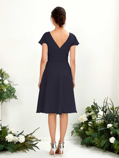 Carlyna Betty A-Line Dark Navy Bridesmaid Dress Knee-Length Short Sleeve V-Neck Dress Back View #color_dark-navy