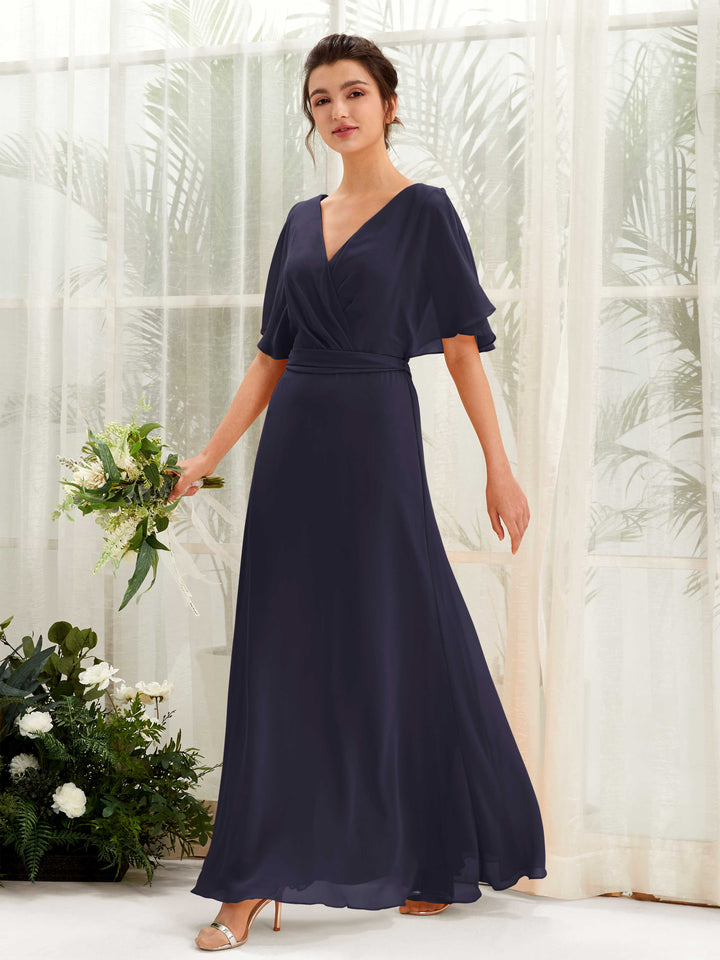 Dark Navy Bridesmaid Dresses Bridesmaid Dress A-line Chiffon V-neck Full Length Short Sleeves Wedding Party Dress (81222418)