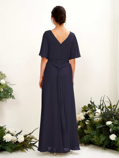 Carlyna Merta A-Line Dark Navy Bridesmaid Dress Maxi Short Sleeve V-Neck Dress Back View #color_dark-navy