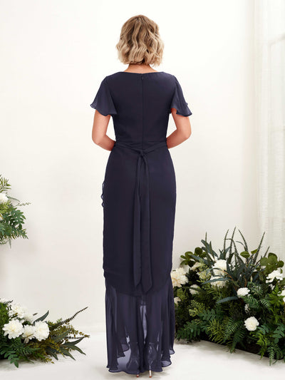 Carlyna Eartha Mermaid Dark Navy Bridesmaid Dress Maxi Cap Sleeve V-Neck Dress Back View #color_dark-navy