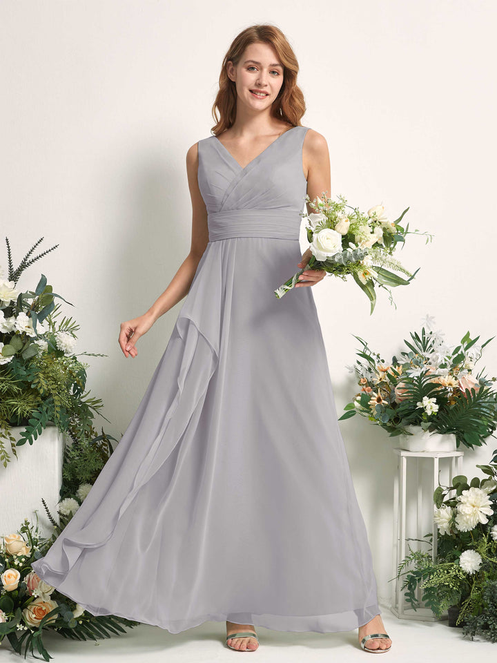 Bridesmaid Dress A-line Chiffon V-neck Full Length Sleeveless Wedding Party Dress - Dove (81227125)