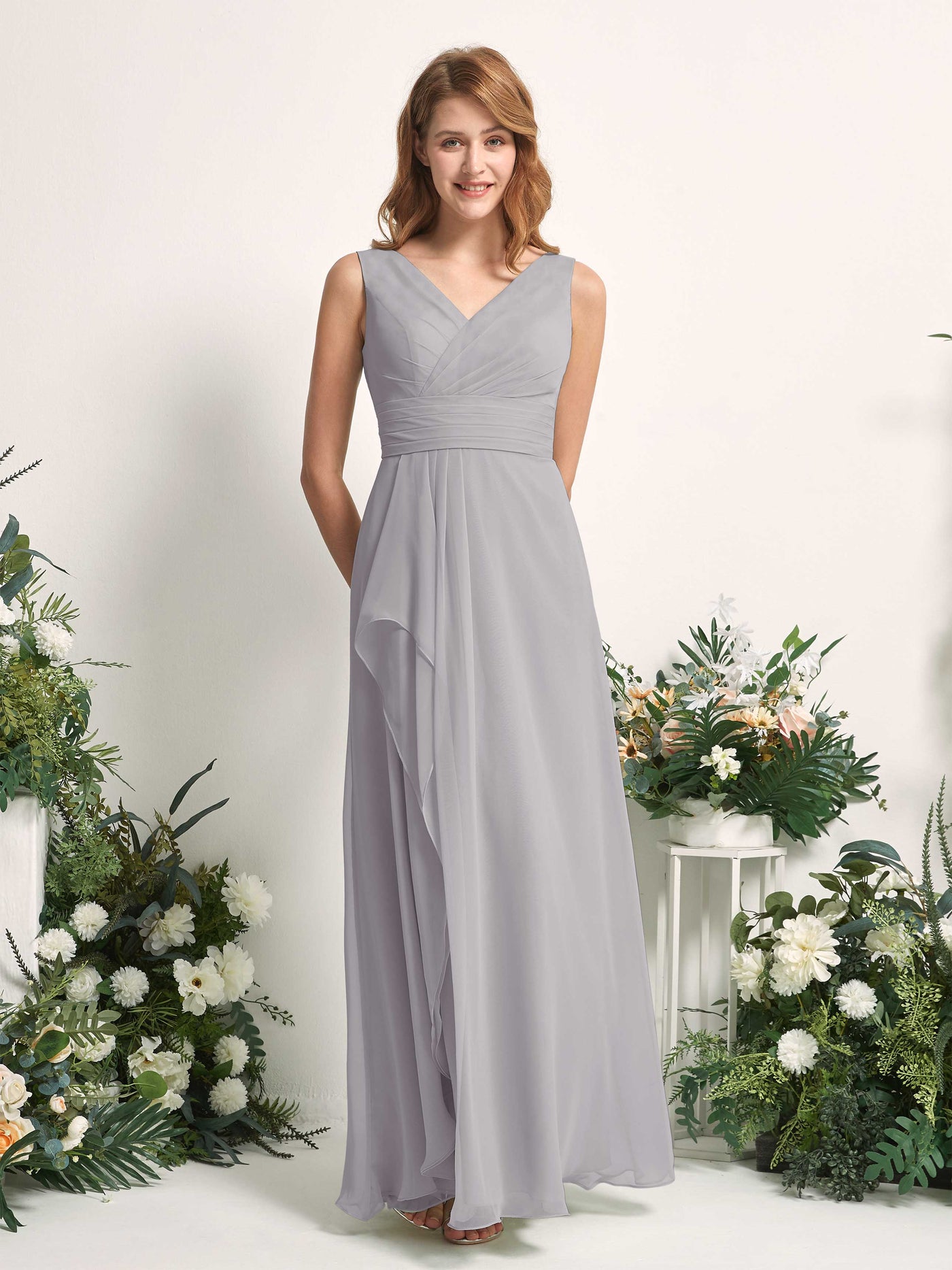 Bridesmaid Dress A-line Chiffon V-neck Full Length Sleeveless Wedding Party Dress - Dove (81227125)#color_dove