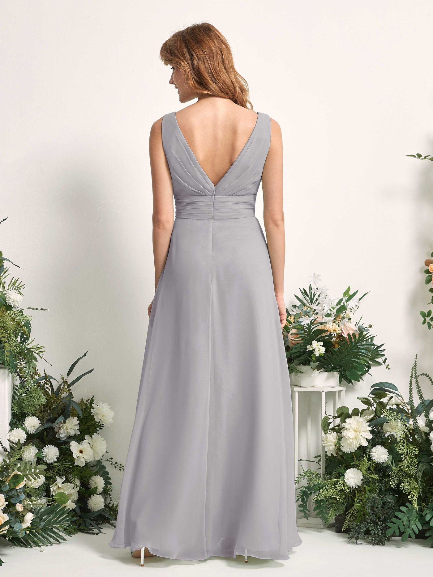 Bridesmaid Dress A-line Chiffon V-neck Full Length Sleeveless Wedding Party Dress - Dove (81227125)#color_dove