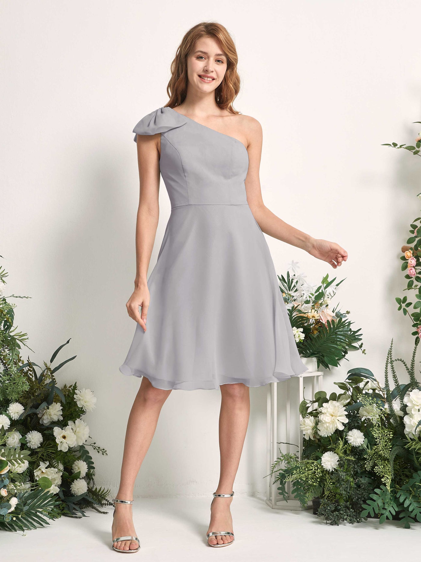 Bridesmaid Dress A-line Chiffon One Shoulder Knee Length Sleeveless Wedding Party Dress - Dove (81227025)#color_dove