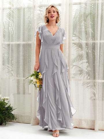 A-line Open back V-neck Short Sleeves Chiffon Bridesmaid Dress - Dove (81226025)#color_dove