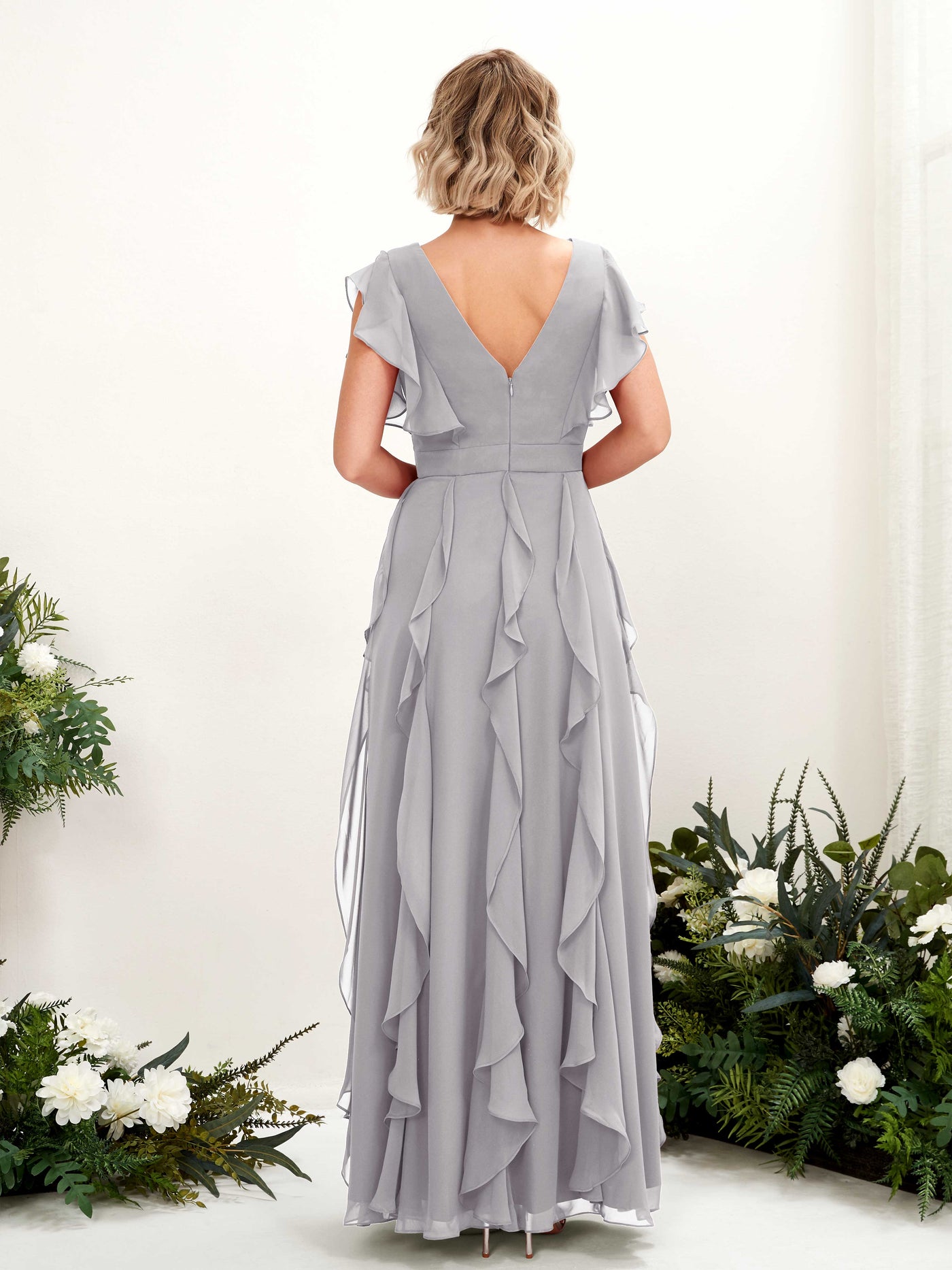 A-line Open back V-neck Short Sleeves Chiffon Bridesmaid Dress - Dove (81226025)#color_dove