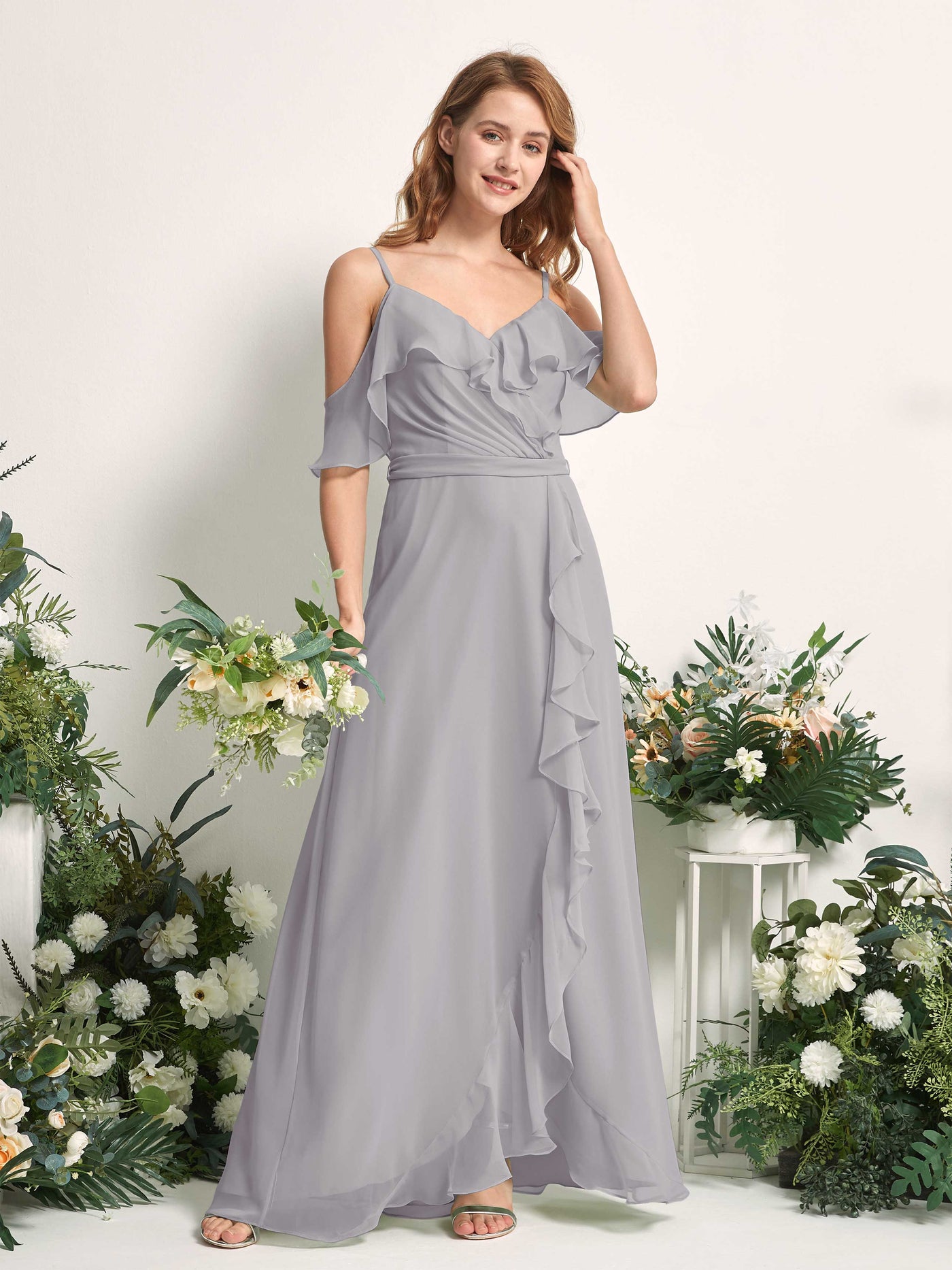 Bridesmaid Dress A-line Chiffon Spaghetti-straps Full Length Sleeveless Wedding Party Dress - Dove (81227425)#color_dove