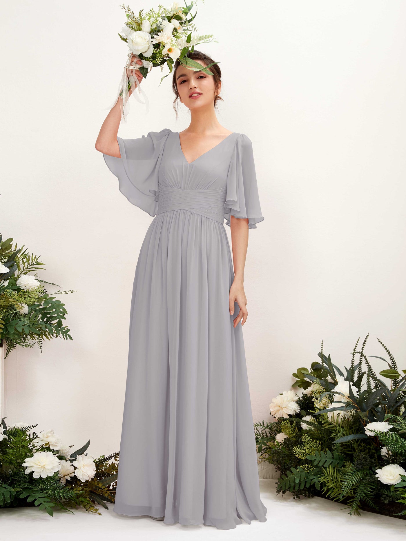 Dove Bridesmaid Dresses Bridesmaid Dress A-line Chiffon V-neck Full Length 1/2 Sleeves Wedding Party Dress (81221625)#color_dove