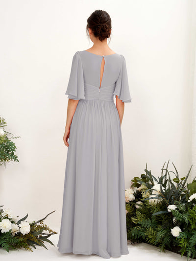 Carlyna Odette A-Line Dove Bridesmaid Dress Maxi Short Sleeve V-Neck Dress Back View #color_dove
