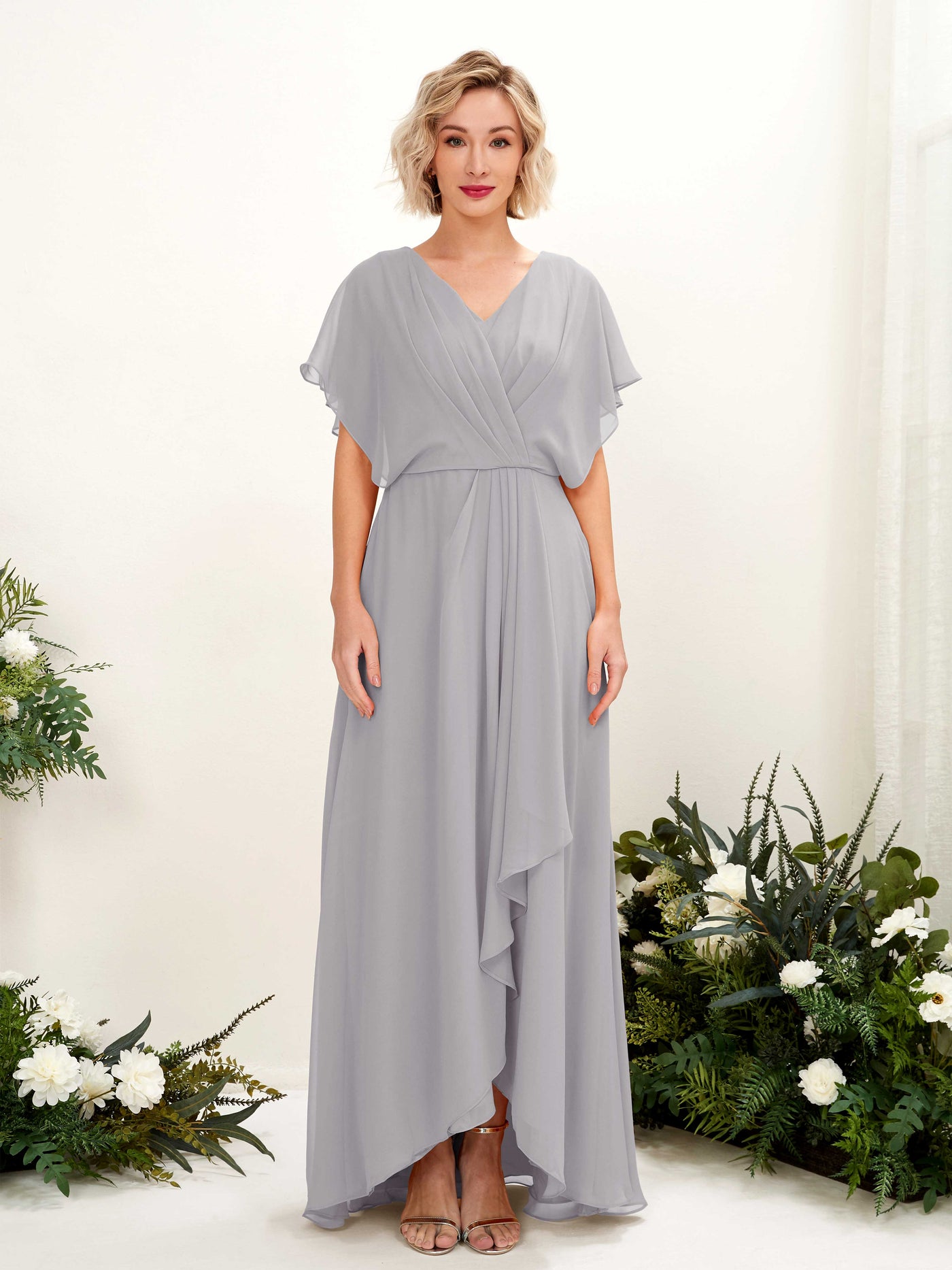 Dove Bridesmaid Dresses Bridesmaid Dress A-line Chiffon V-neck Full Length Short Sleeves Wedding Party Dress (81222125)#color_dove