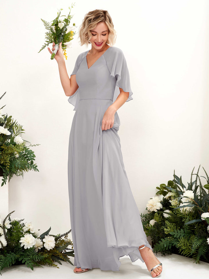 Steel Gray Chiffon V-Neck Bridesmaid Dress A-Line Floor-Length