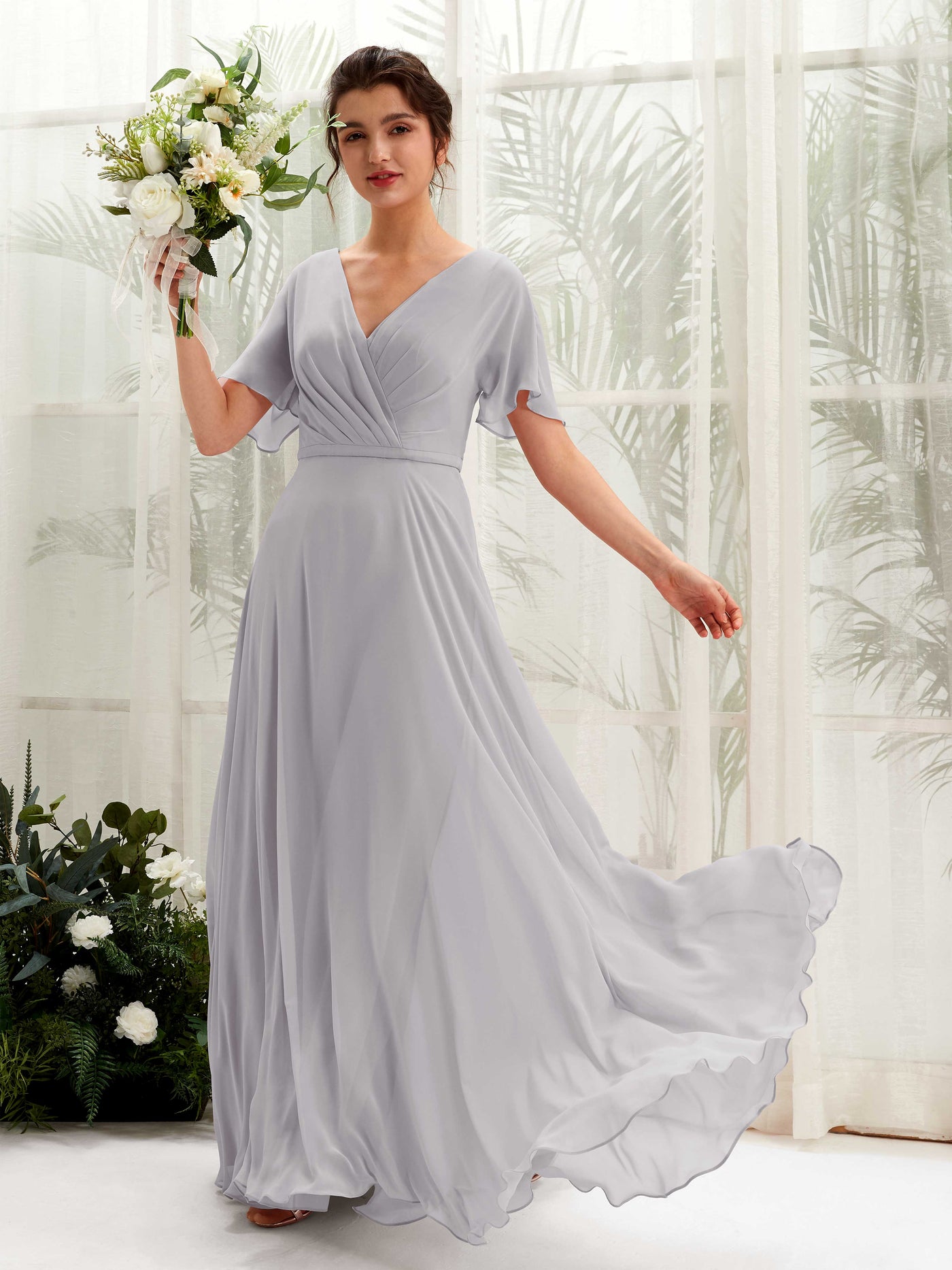 Dove Bridesmaid Dresses Bridesmaid Dress A-line Chiffon V-neck Full Length Short Sleeves Wedding Party Dress (81224625)#color_dove