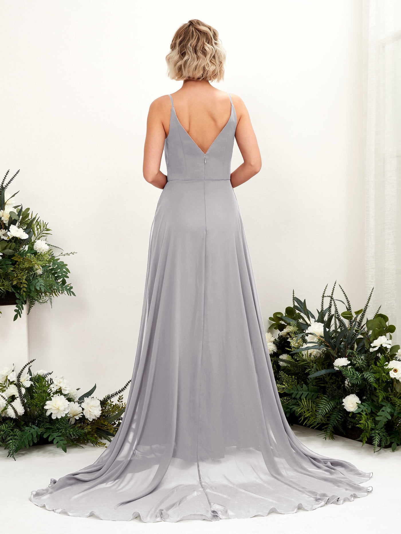 Ball Gown Open back Sexy Slit V-neck Sleeveless Bridesmaid Dress - Dove (81224125)#color_dove
