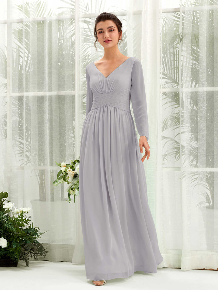 Dove Bridesmaid Dresses Bridesmaid Dress A-line Chiffon V-neck Full Length Long Sleeves Wedding Party Dress (81220325)