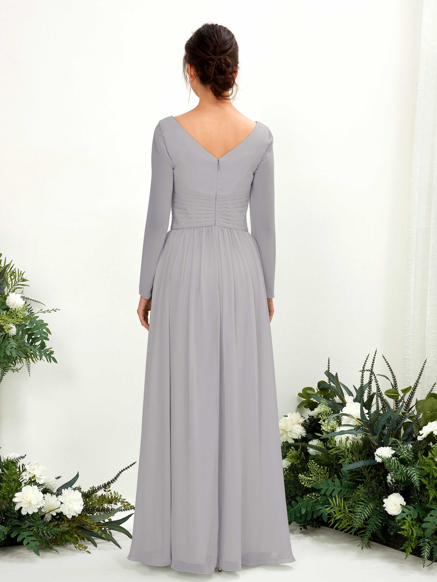 Dove Bridesmaid Dresses Bridesmaid Dress A-line Chiffon V-neck Full Length Long Sleeves Wedding Party Dress (81220325)#color_dove