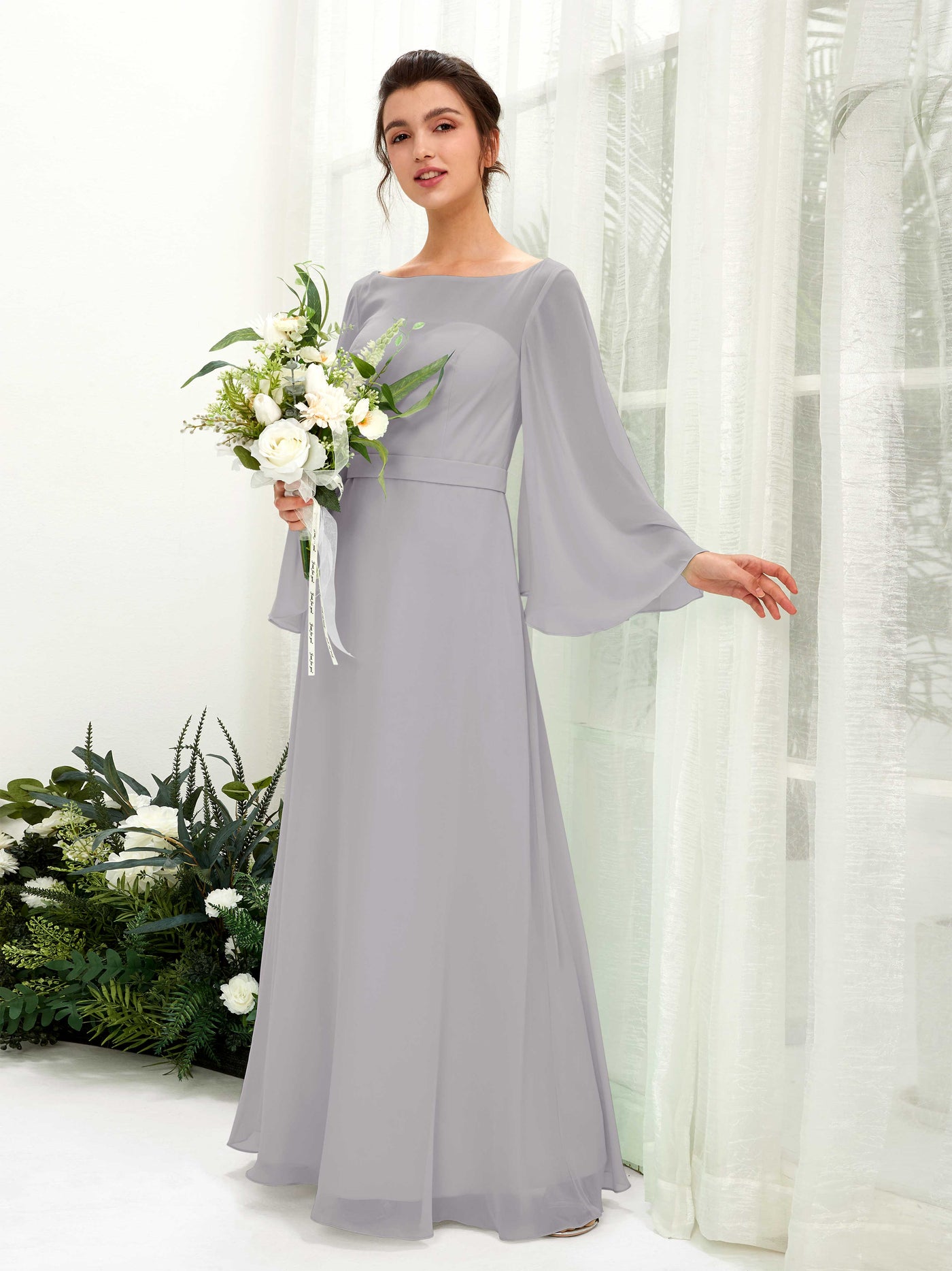 Dove Bridesmaid Dresses Bridesmaid Dress A-line Chiffon Bateau Full Length Long Sleeves Wedding Party Dress (81220525)#color_dove
