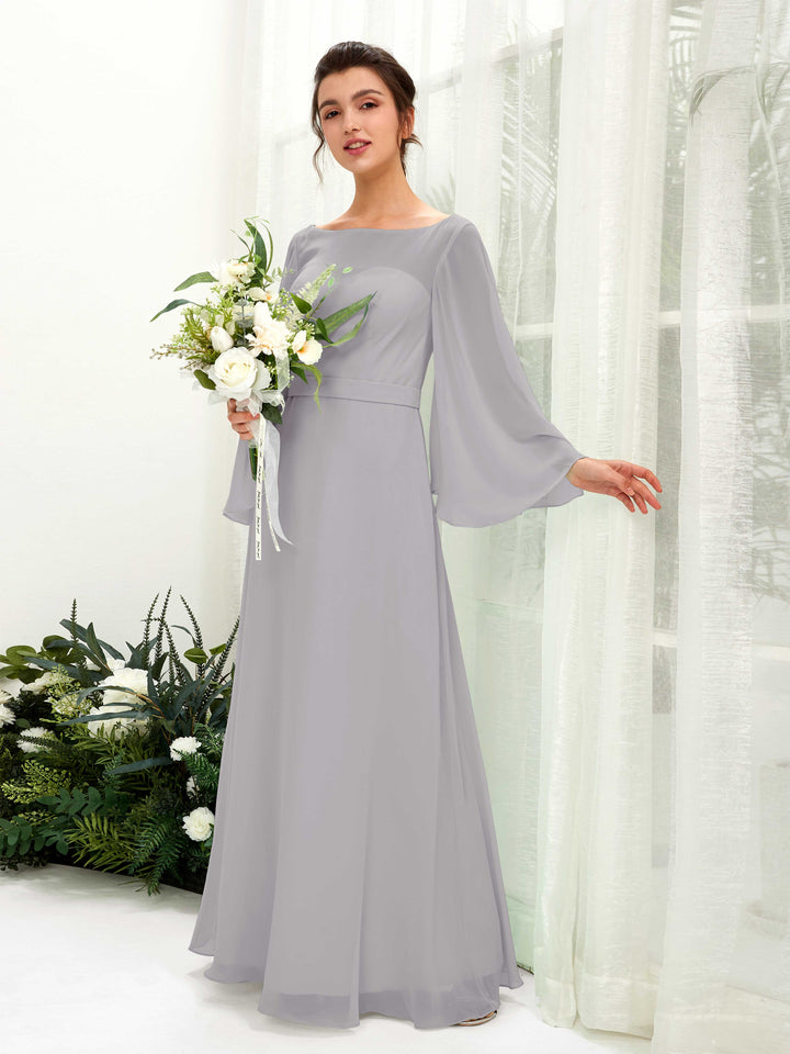 Dove Bridesmaid Dresses Bridesmaid Dress A-line Chiffon Bateau Full Length Long Sleeves Wedding Party Dress (81220525)