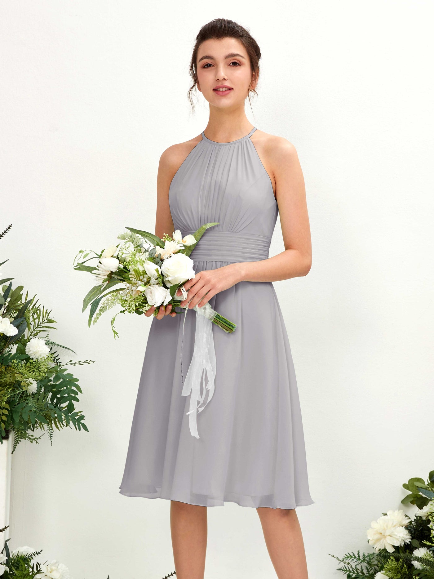 Dove Bridesmaid Dresses Bridesmaid Dress A-line Chiffon Halter Knee Length Sleeveless Wedding Party Dress (81220125)#color_dove