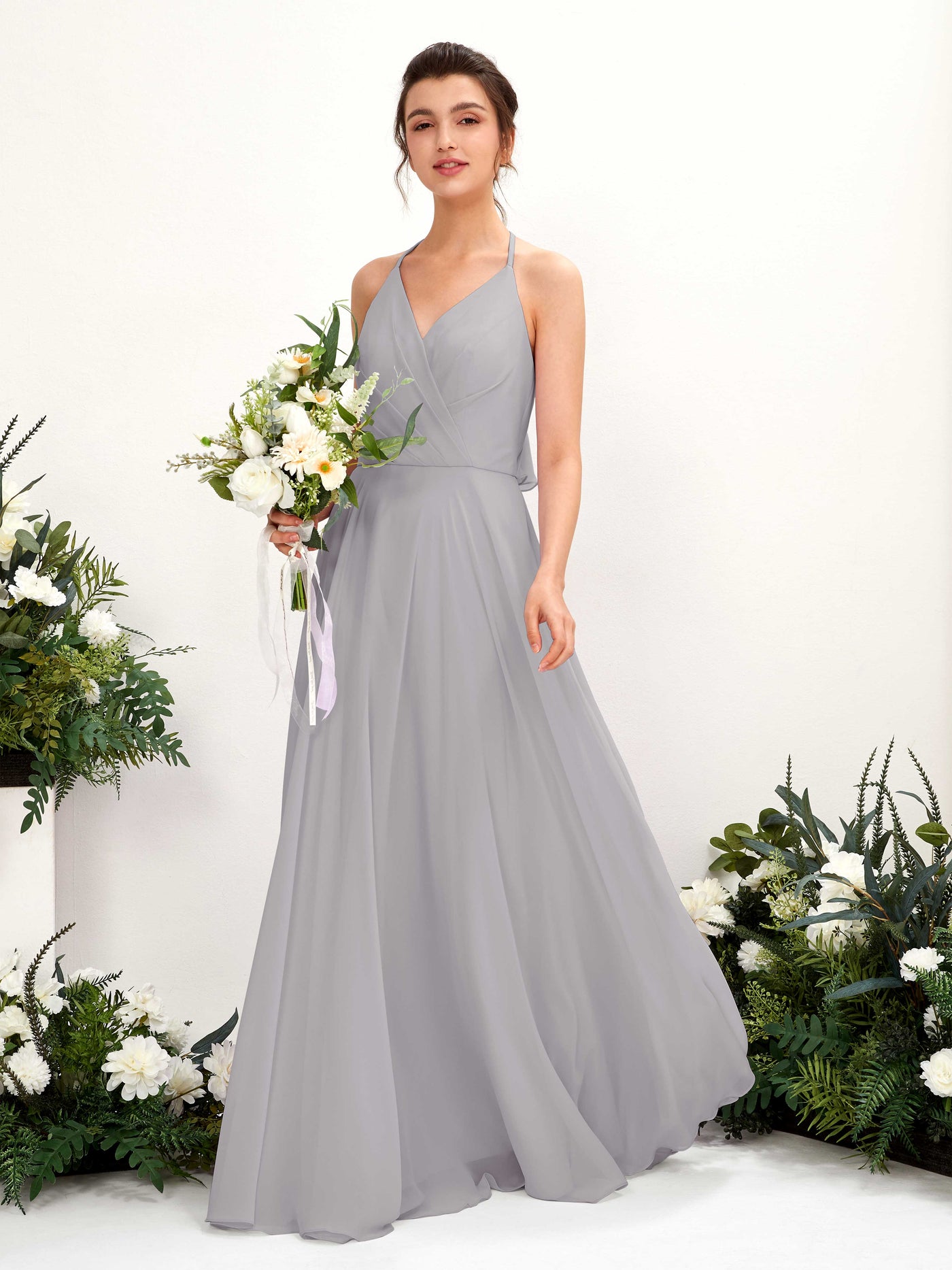Halter V-neck Sleeveless Chiffon Bridesmaid Dress - Dove (81221025)#color_dove