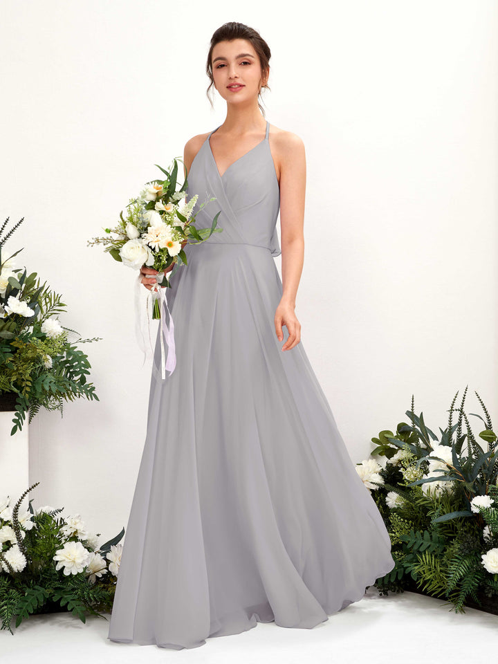 Halter V-neck Sleeveless Chiffon Bridesmaid Dress - Dove (81221025)