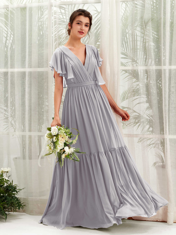 Dove Bridesmaid Dresses Bridesmaid Dress A-line Chiffon V-neck Full Length Short Sleeves Wedding Party Dress (81225925)