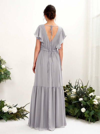 Carlyna Chaya A-Line Dove Bridesmaid Dress Maxi Cap Sleeve V-Neck Dress Back View #color_dove