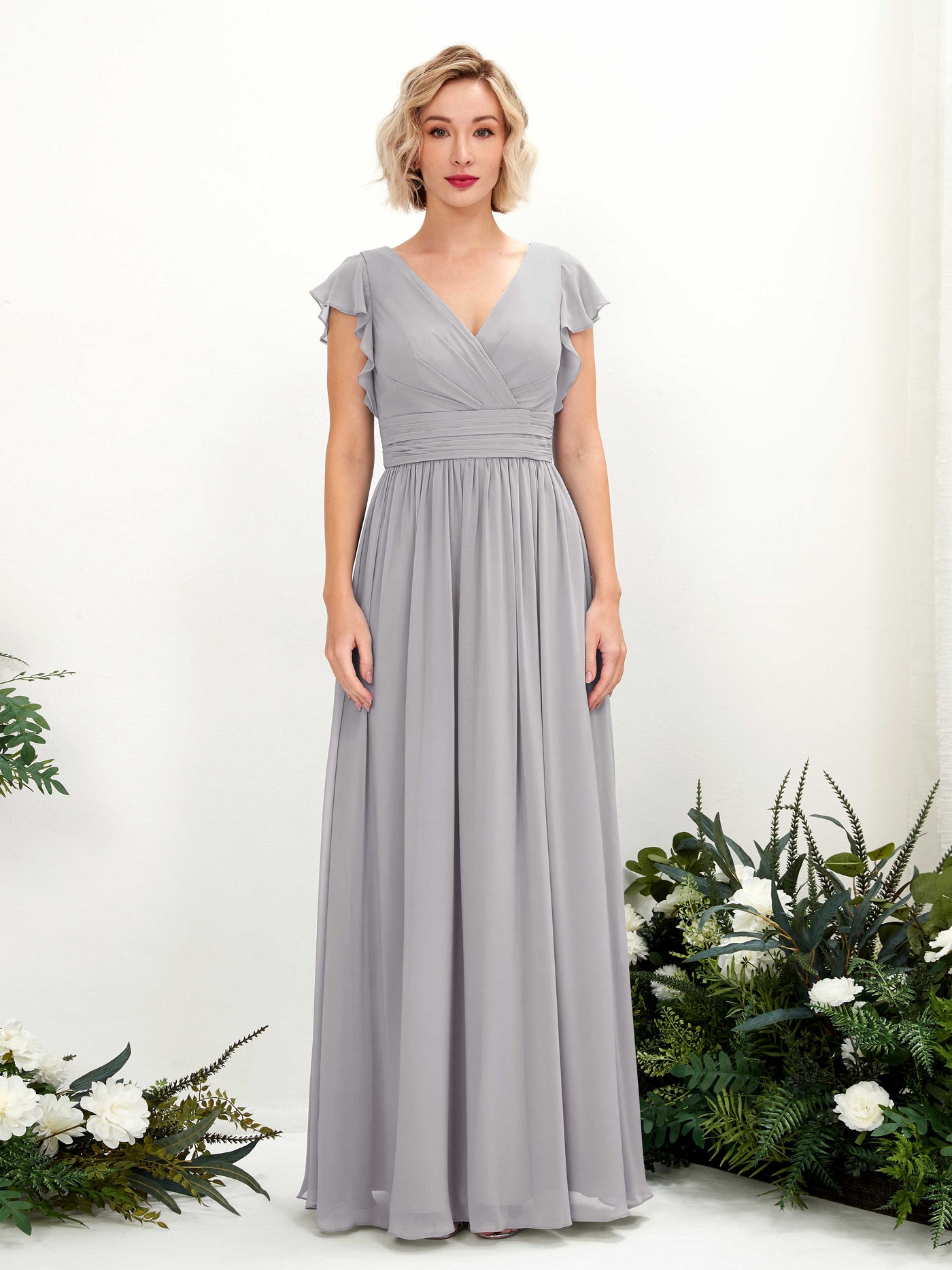 Dove Bridesmaid Dresses Bridesmaid Dress A-line Chiffon V-neck Full Length Short Sleeves Wedding Party Dress (81222725)#color_dove
