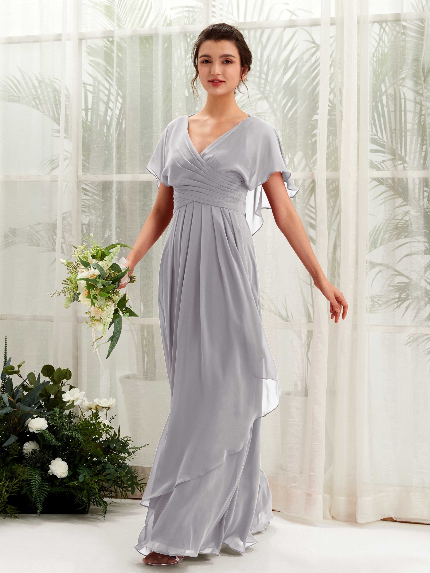 Dusty Blue Chiffon V-Neck Bridesmaid Dress A-Line Floor-Length