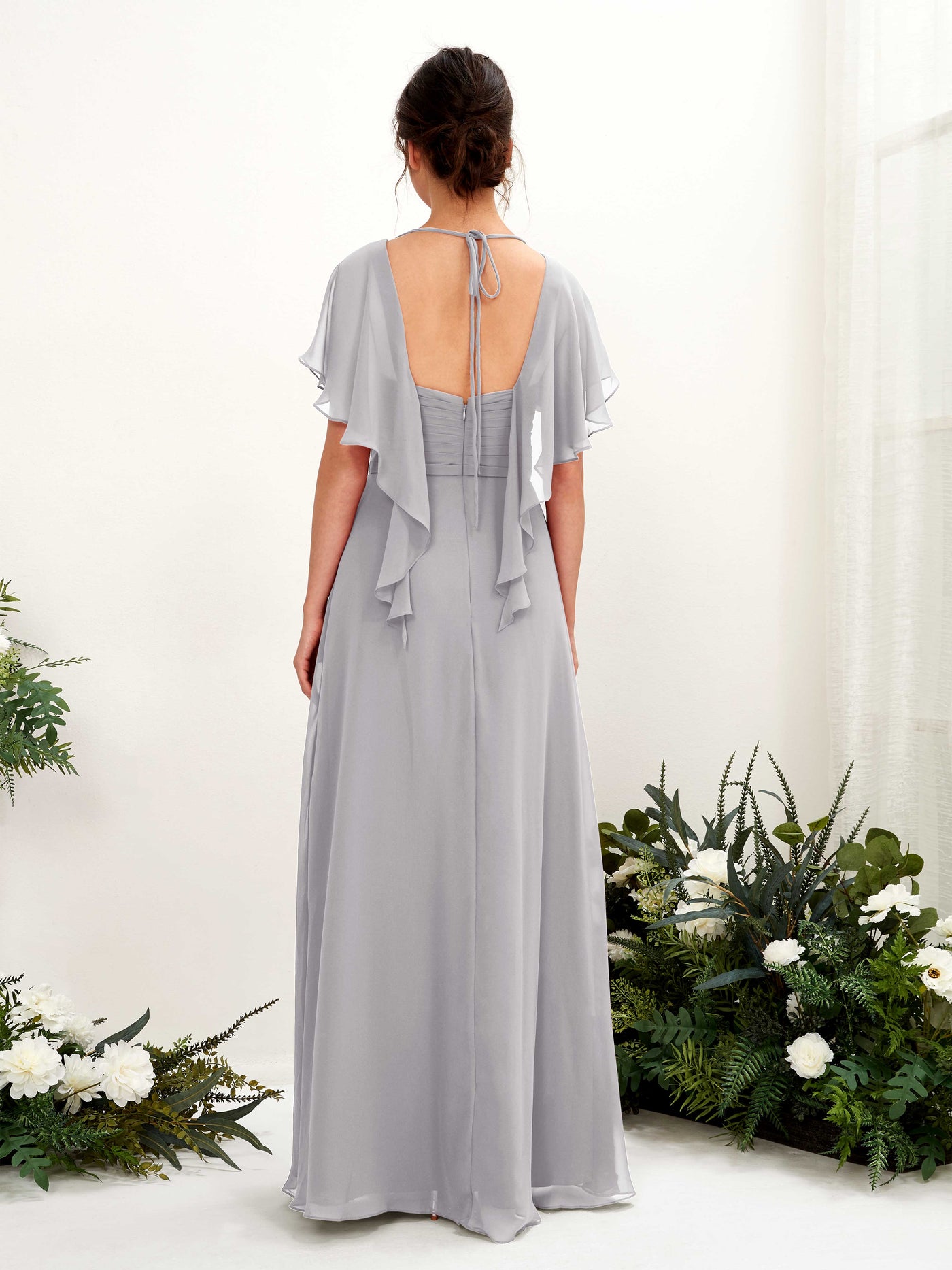 Open back V-neck Short Sleeves Chiffon Bridesmaid Dress - Dove (81226125)#color_dove
