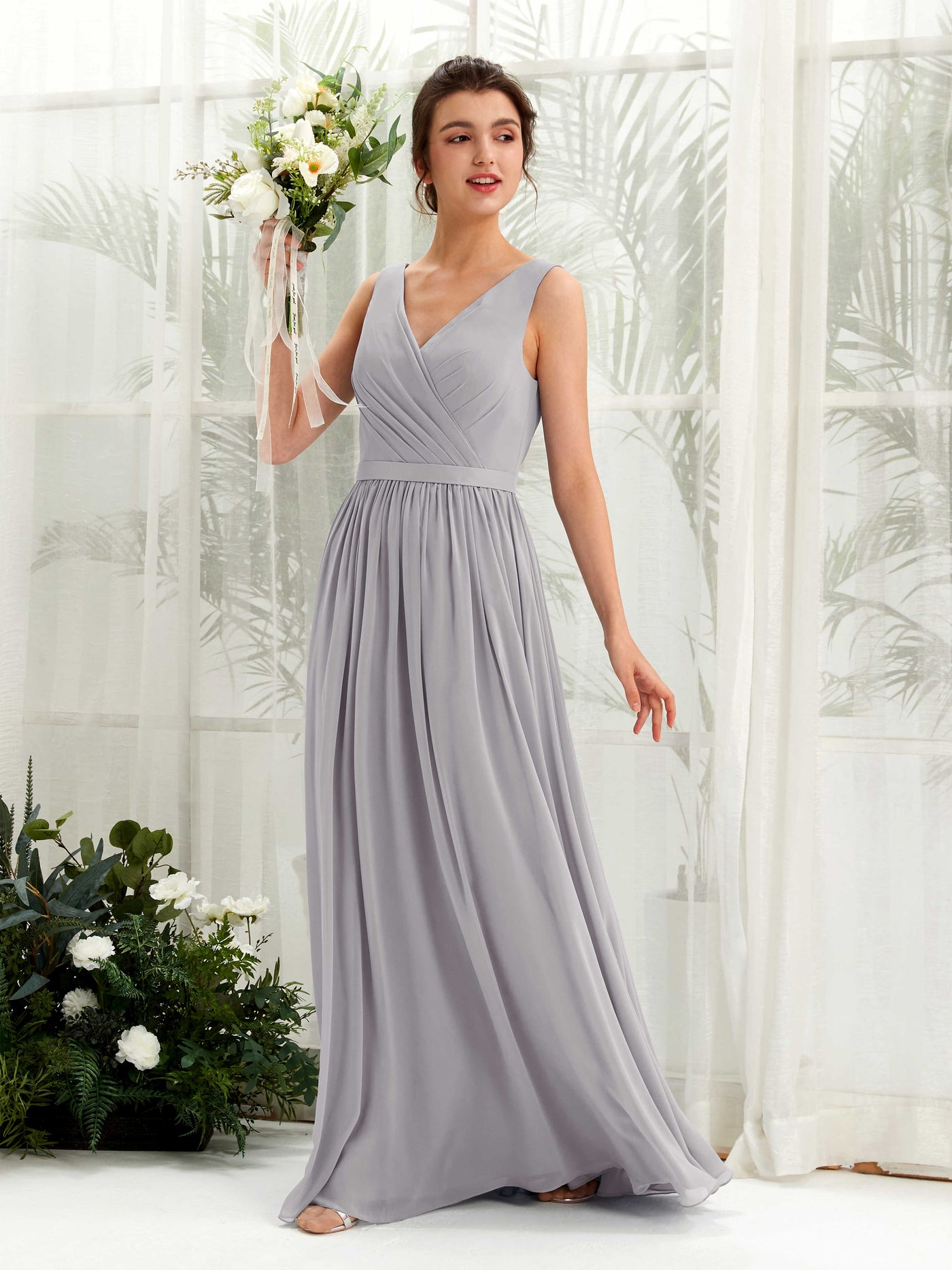 Dove Bridesmaid Dresses Bridesmaid Dress A-line Chiffon V-neck Full Length Sleeveless Wedding Party Dress (81223625)#color_dove