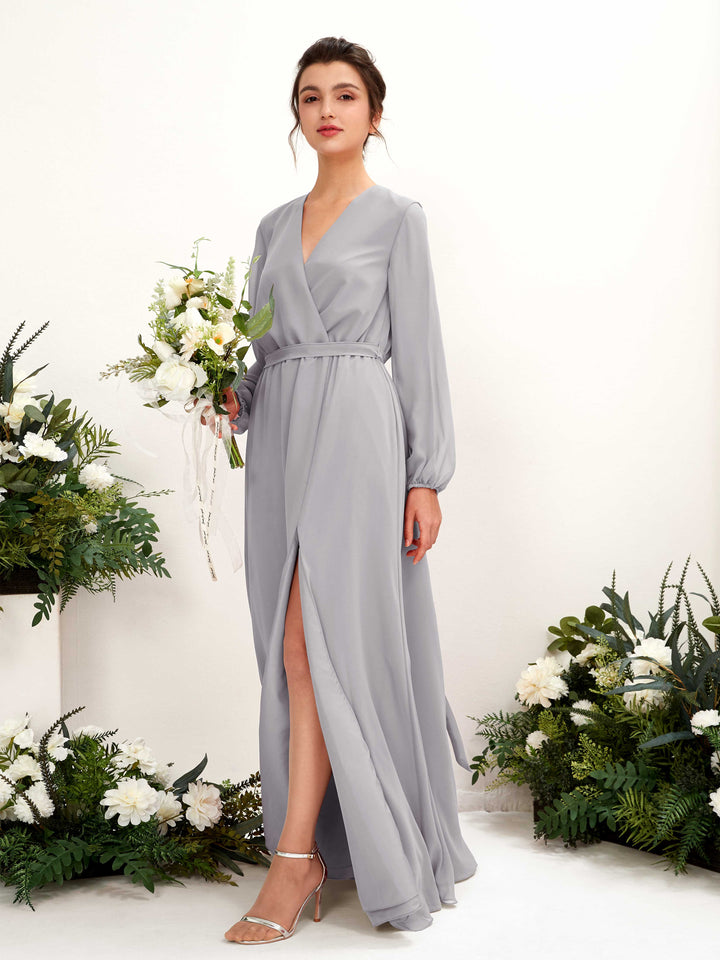 Dove Bridesmaid Dresses Bridesmaid Dress A-line Chiffon V-neck Full Length Long Sleeves Wedding Party Dress (81223225)