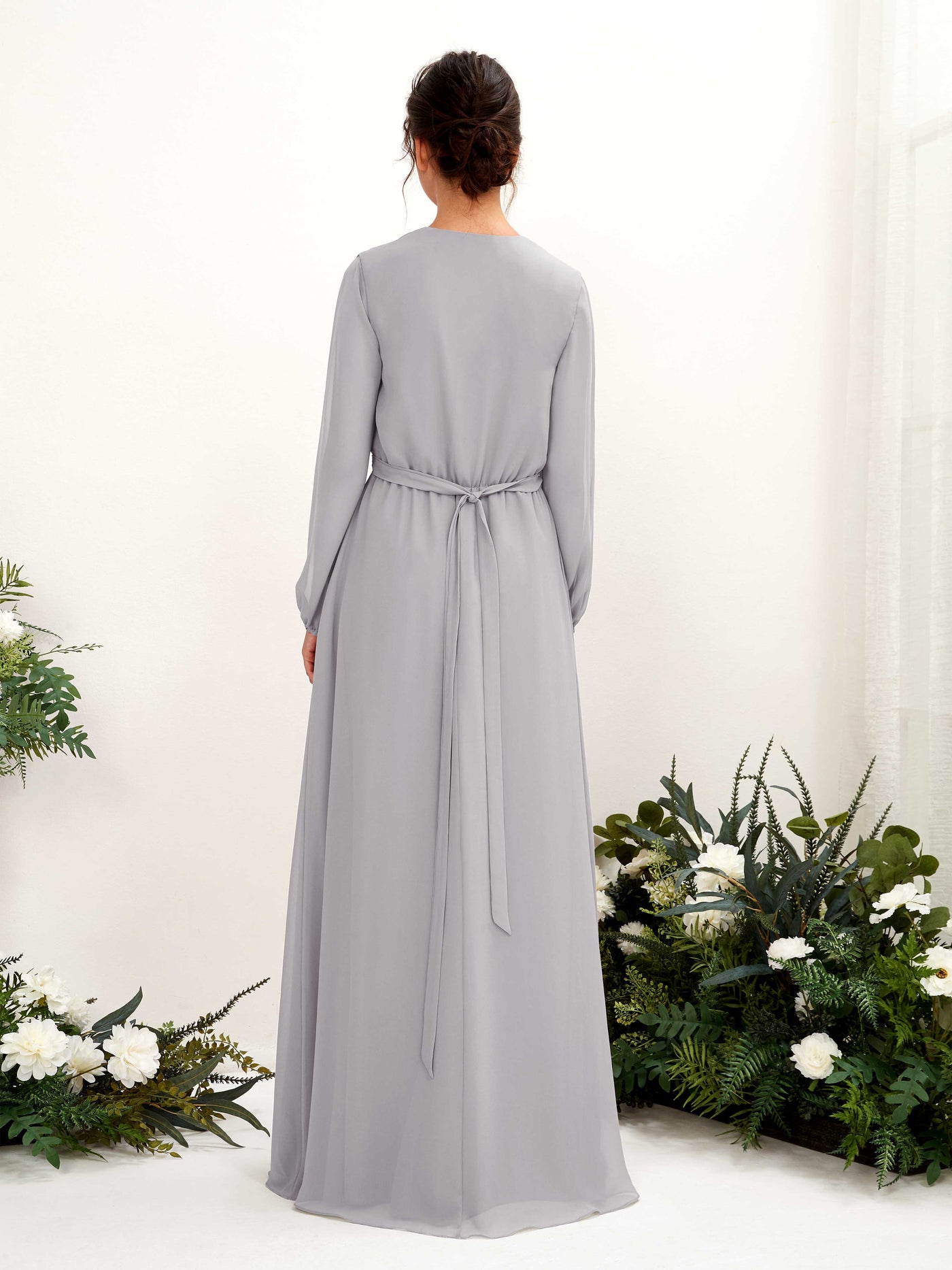 Dove Bridesmaid Dresses Bridesmaid Dress A-line Chiffon V-neck Full Length Long Sleeves Wedding Party Dress (81223225)#color_dove