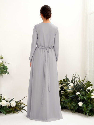 Carlyna Elsie A-Line Dove Bridesmaid Dress Maxi Long Sleeve V-Neck Back View #color_dove