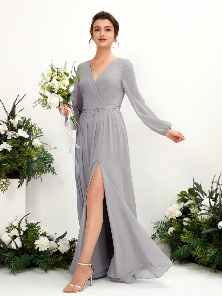 Dove Bridesmaid Dresses Bridesmaid Dress A-line Chiffon V-neck Full Length Long Sleeves Wedding Party Dress (81223825)
