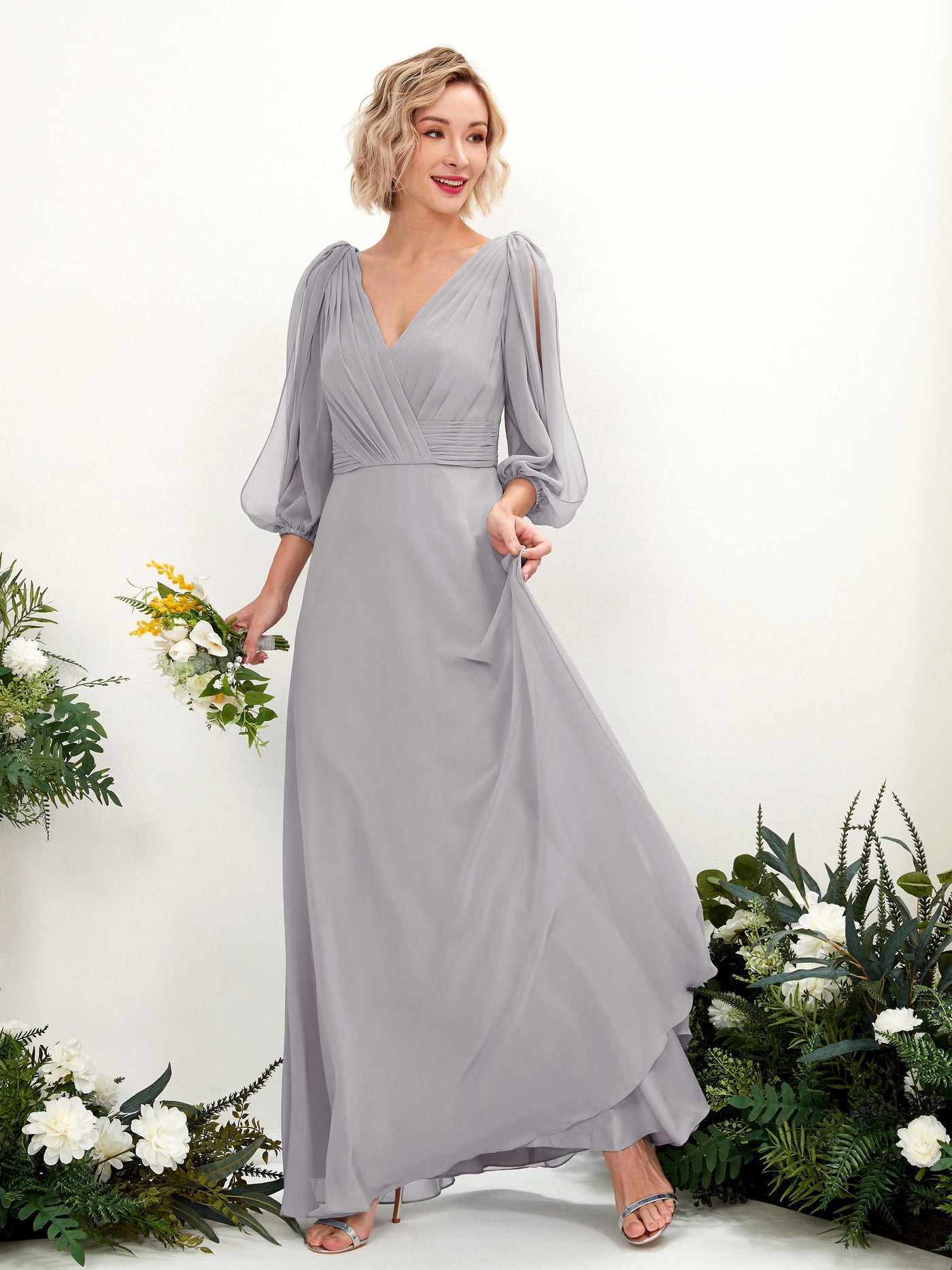 Steel Gray Chiffon V-Neck Bridesmaid Dress A-Line Floor-Length | Carlyna Steel Gray Chiffon V-Neck Bridesmaid Dress A-Line Floor-Length | Carlyna