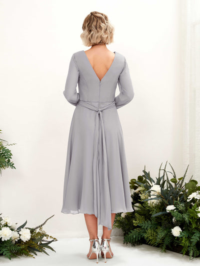 Carlyna Joanna A-Line Dove Bridesmaid Dress Midi Long Sleeve V-Neck Back View #color_dove