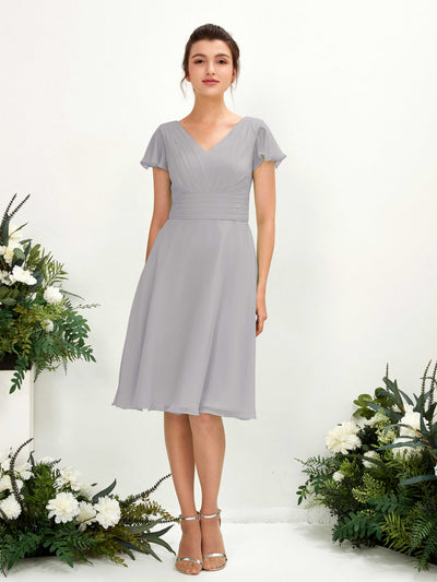 Carlyna Betty A-Line Dove Bridesmaid Dress Knee-Length Short Sleeve V-Neck Dress Front View #color_dove